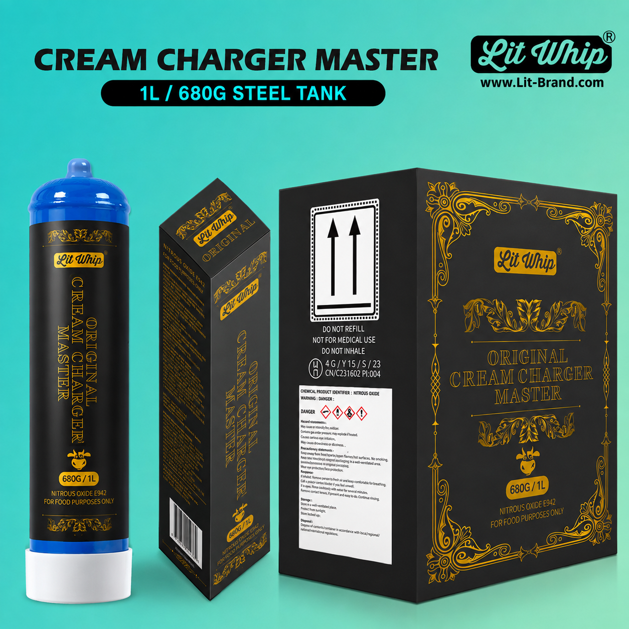 Lit Whip Cream Charger Master Tank 1L 680g steel tank — Original, 6 units per case