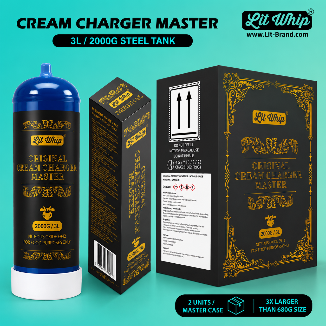 Lit Whip Cream Charger Master Tank 3.3L 2000g Steel — Original Flavor, 2 units per case